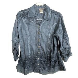 Parsley & Sage Embellished Button Up Blue Lace Overlay Shirt Blue Size‎ S